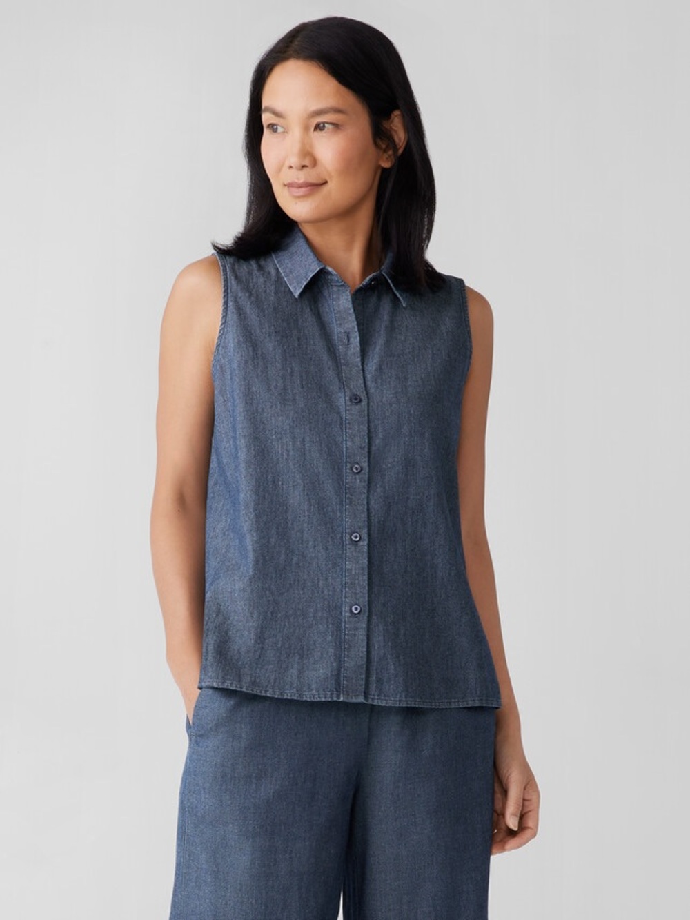 Eileen Fisher Organic Cotton Sleeveless Collared chambray shirt Womens SZ Small